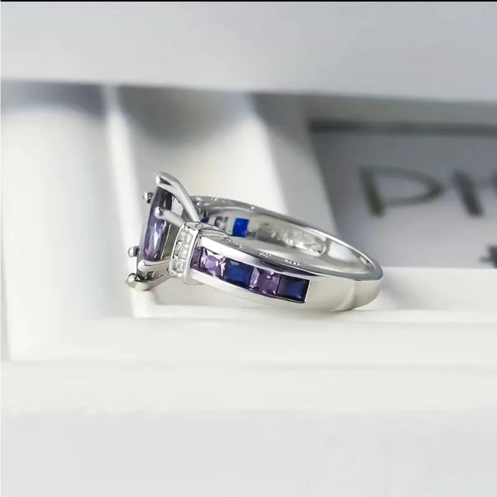 Gorgeous Purple Amethyst Silver Diamond Ring Artificial